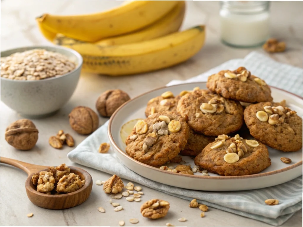 Banana bread cookies with walnuts and oats, freshly baked