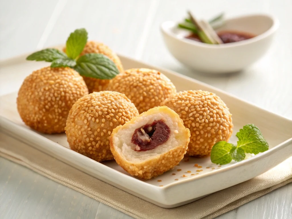 Golden and crispy sesame balls filled with sweet red bean paste, freshly fried to perfection.

