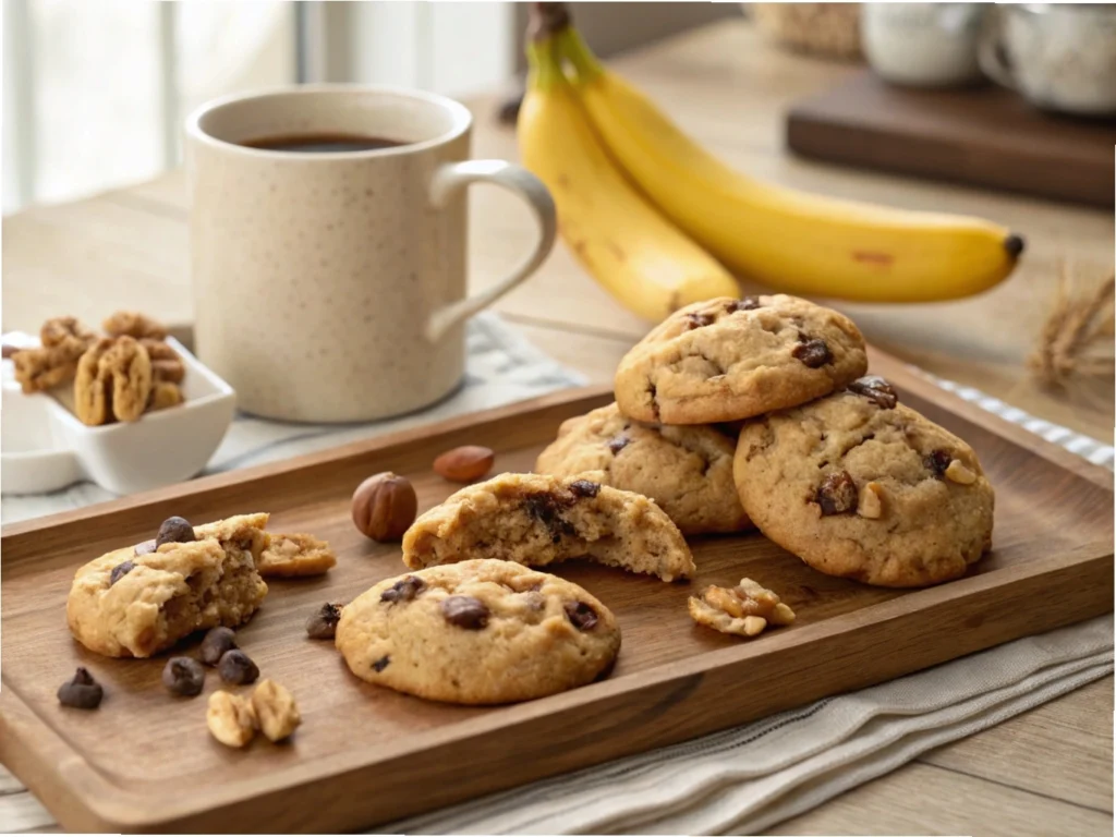 Soft and chewy banana bread cookies with chocolate chips and walnuts