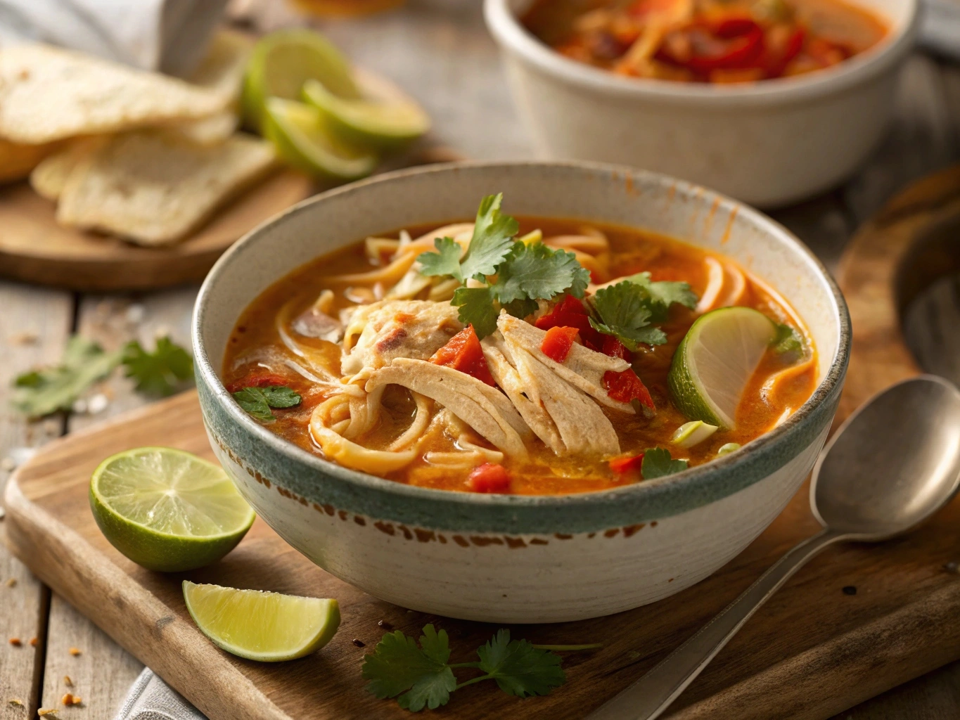 Spicy chicken noodle soup in a bowl garnished with fresh herbs and red chili flakes