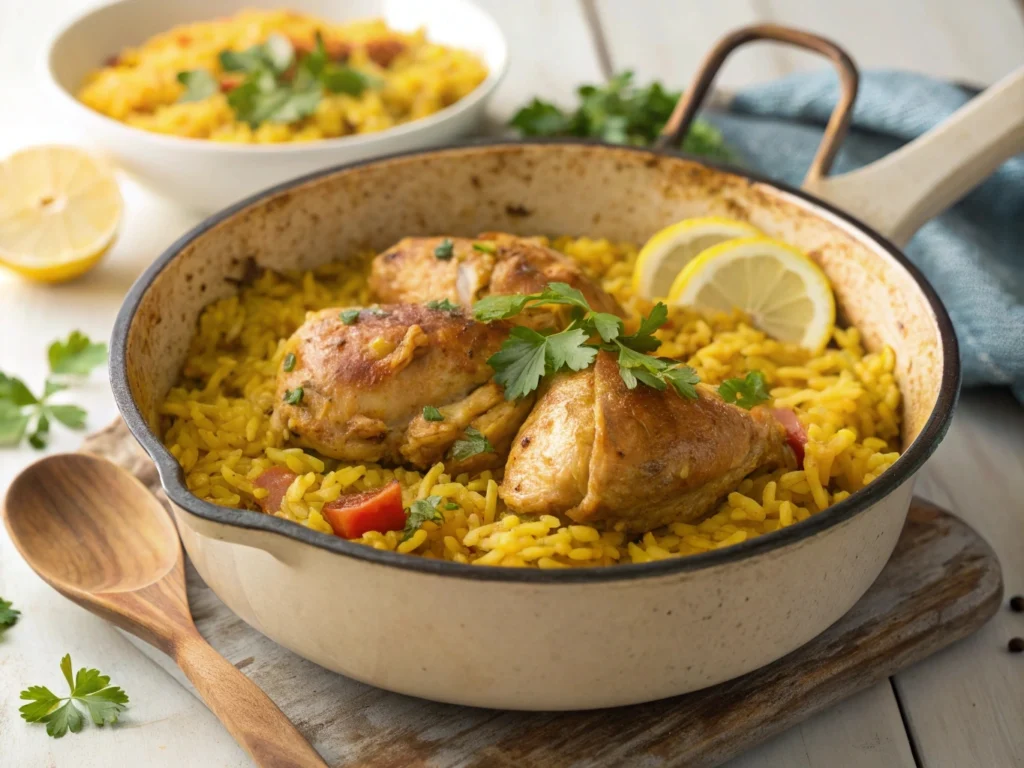 A classic one-pot chicken and yellow rice dish, served in a pot with vibrant colors

