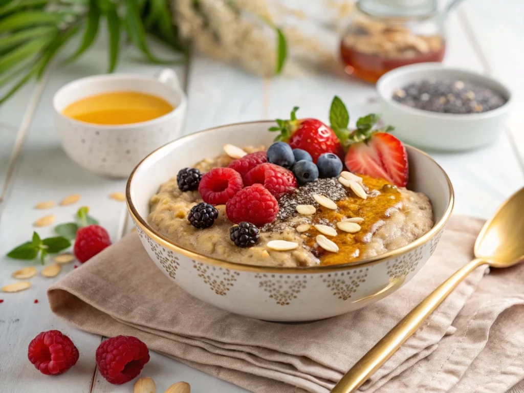 A bowl of keto oatmeal, topped with fresh berries and nuts for a low-carb breakfast