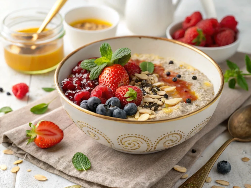 A delicious bowl of keto oatmeal with fresh berries and nuts, a perfect low-carb breakfast option.

