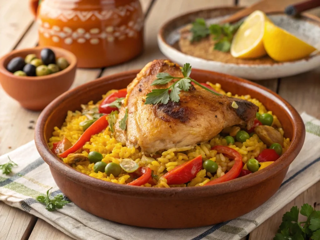 A plate of Spanish-inspired chicken and saffron rice, beautifully garnished with herbs and spices

