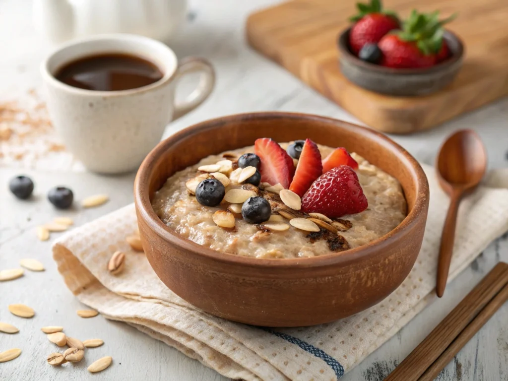 A bowl of keto oatmeal topped with nuts and berries, showcasing a low-carb alternative to traditional oatmeal

