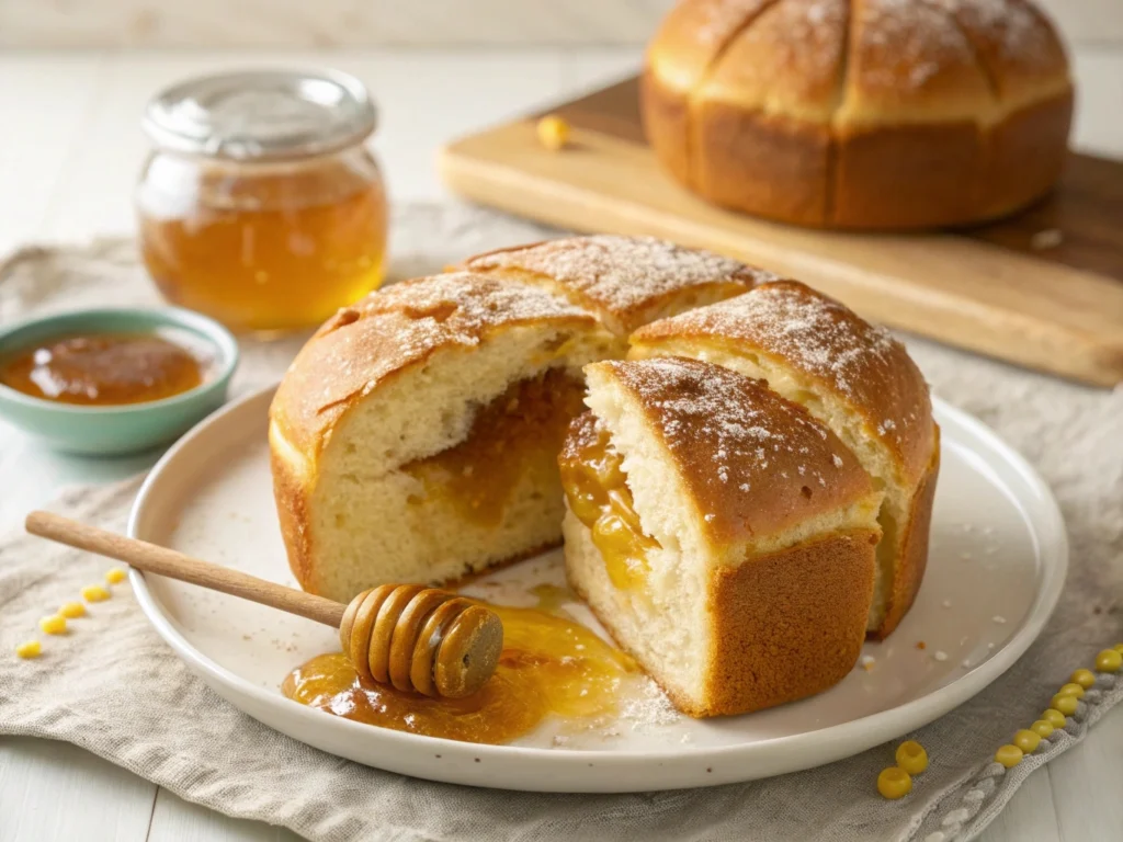 Warm and golden Korean honey bread, drizzled with honey and topped with a crispy, sugary crust.

