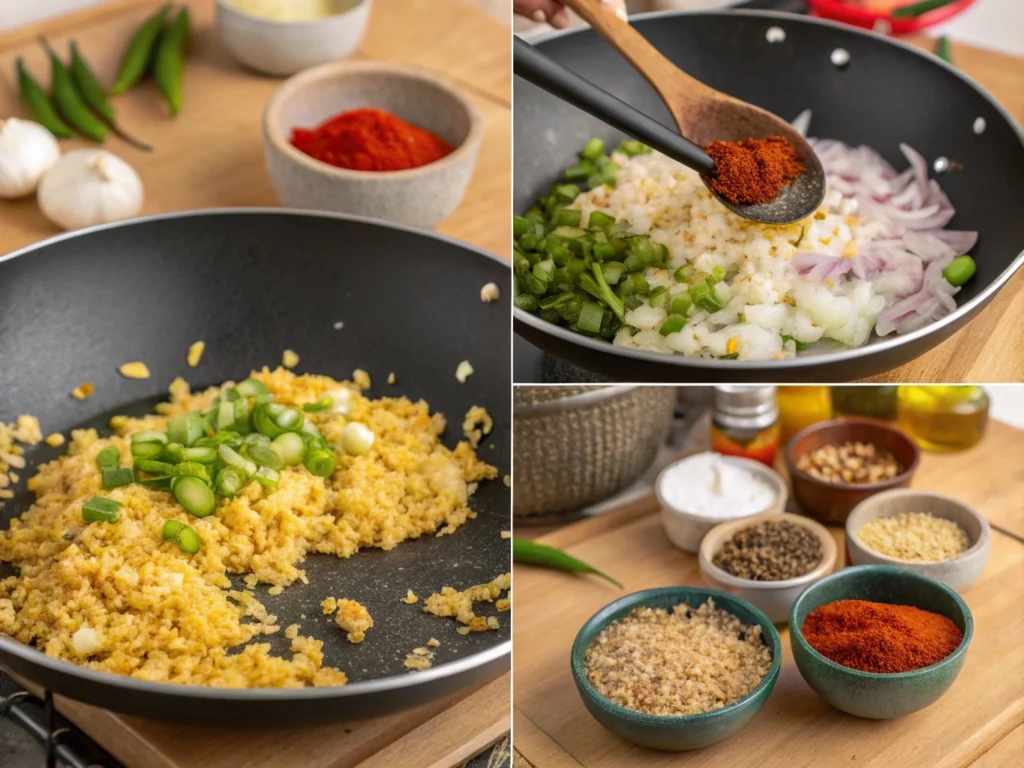 Step-by-step instructions to make Spicy Egg Fried Rice with clear visual guidance.