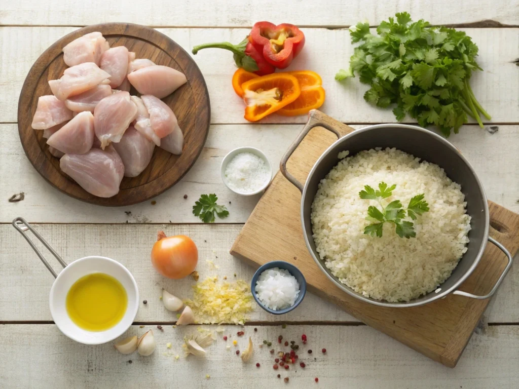 Essential ingredients for making chicken and yellow rice, including chicken, rice, spices, and vegetables

