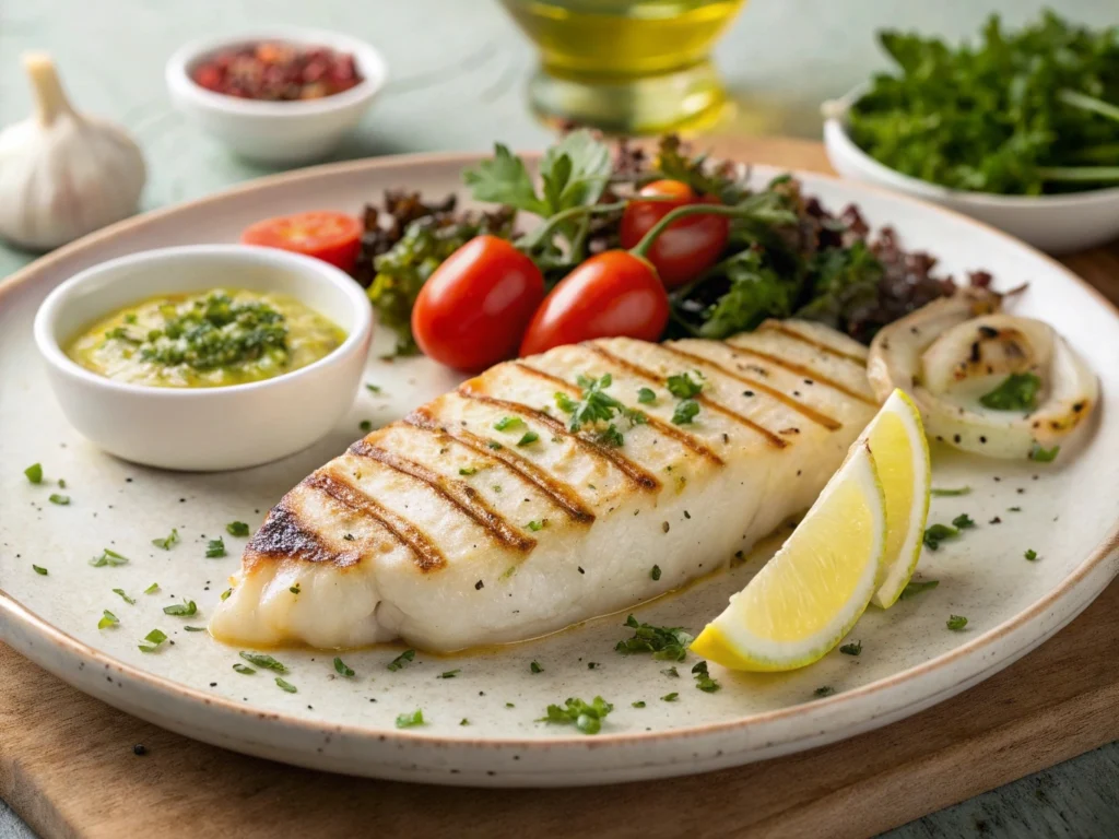 Grilled Calamari Steak served on a plate with lemon wedges and herbs, showcasing its tender texture and delicious grill marks