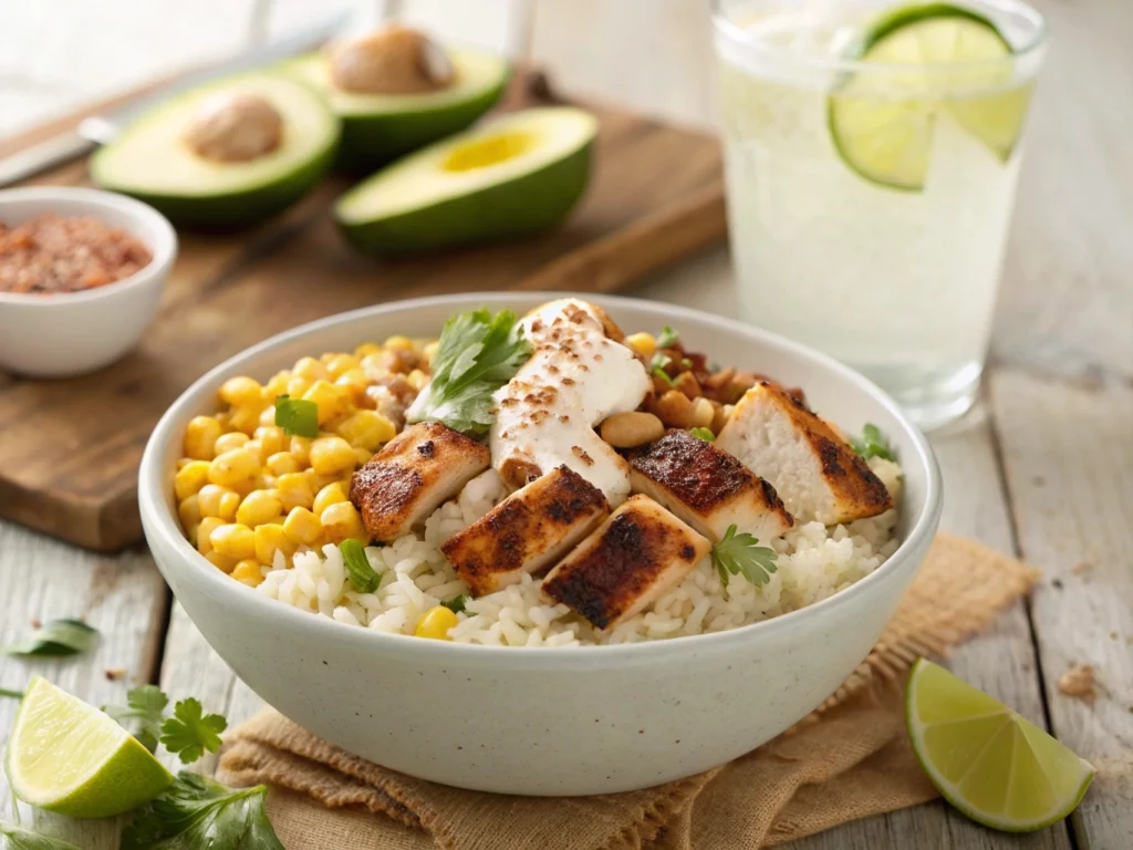 A colorful street corn chicken rice bowl with grilled chicken, corn, rice, and fresh toppings like cilantro and lime.

