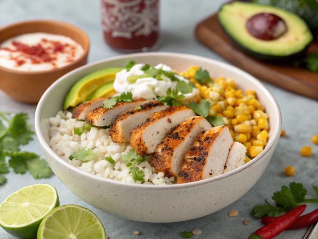 A delicious street corn chicken rice bowl topped with grilled chicken, corn, and fresh cilantro for a flavorful meal.