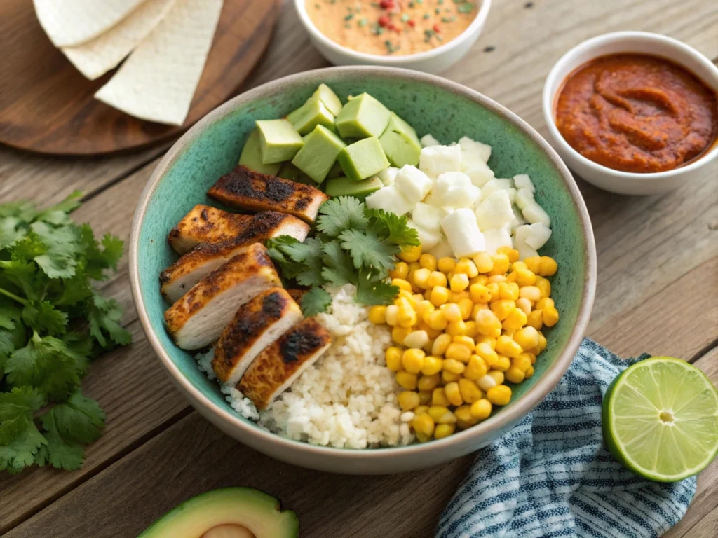 Fresh ingredients for a street corn rice bowl, including grilled chicken, corn, rice, cilantro, and lime.

