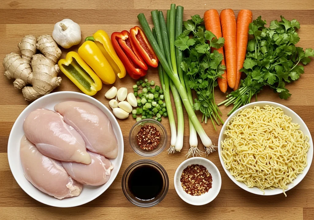 Essential ingredients for making spicy chicken noodle soup, including chicken, noodles, broth, and spices

