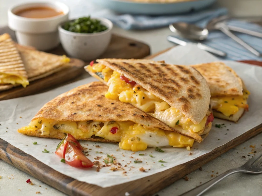 A golden, crispy fried egg quesadilla filled with melted cheese, veggies, and topped with a perfectly fried egg.