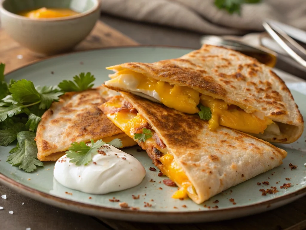 Step-by-step process of making a fried egg quesadilla with cheese, tortillas, and fresh toppings.

