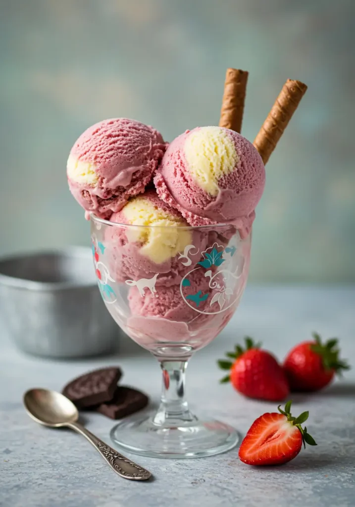 Chocolate vanilla strawberry ice cream being served with toppings.