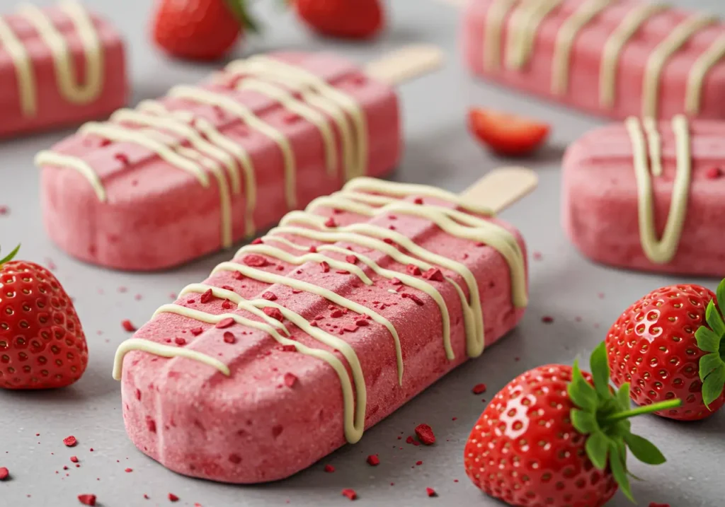 Strawberry ice cream bar with a chocolate coating on a wooden board.