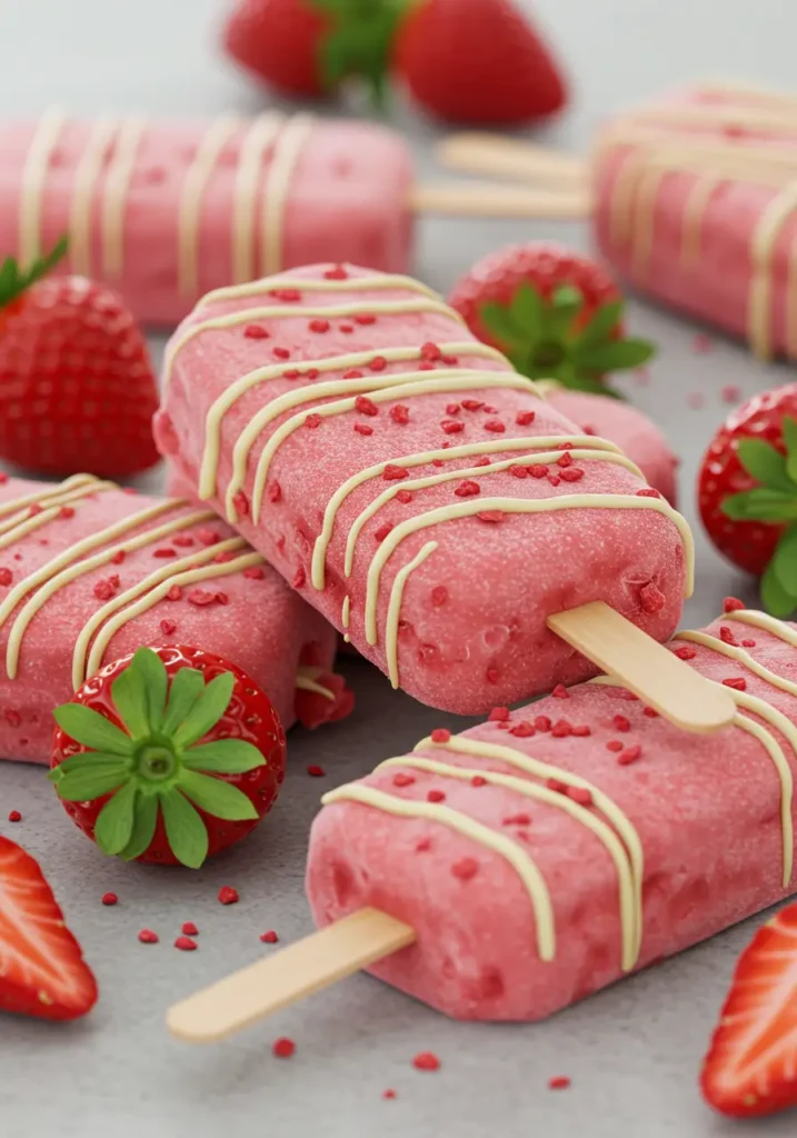 Strawberry ice cream bar with white chocolate coating.