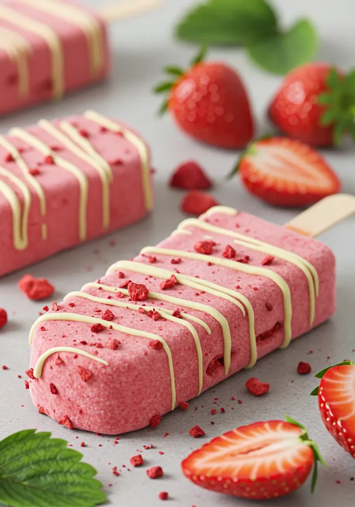 Strawberry ice cream bar being dipped in melted chocolate.