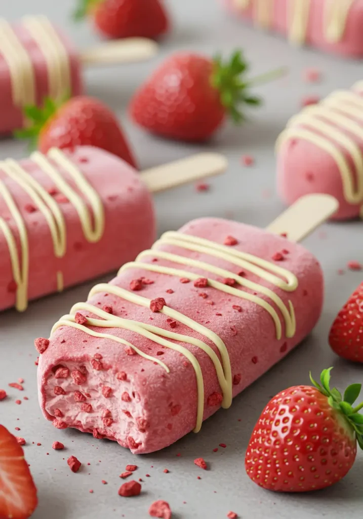 Strawberry ice cream bar with nuts sprinkled on top.