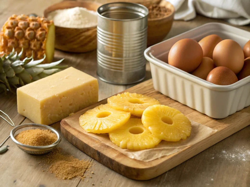 Ingredients for Pineapple Upside Down Cake, including cake mix, pineapple rings, brown sugar, and butter.