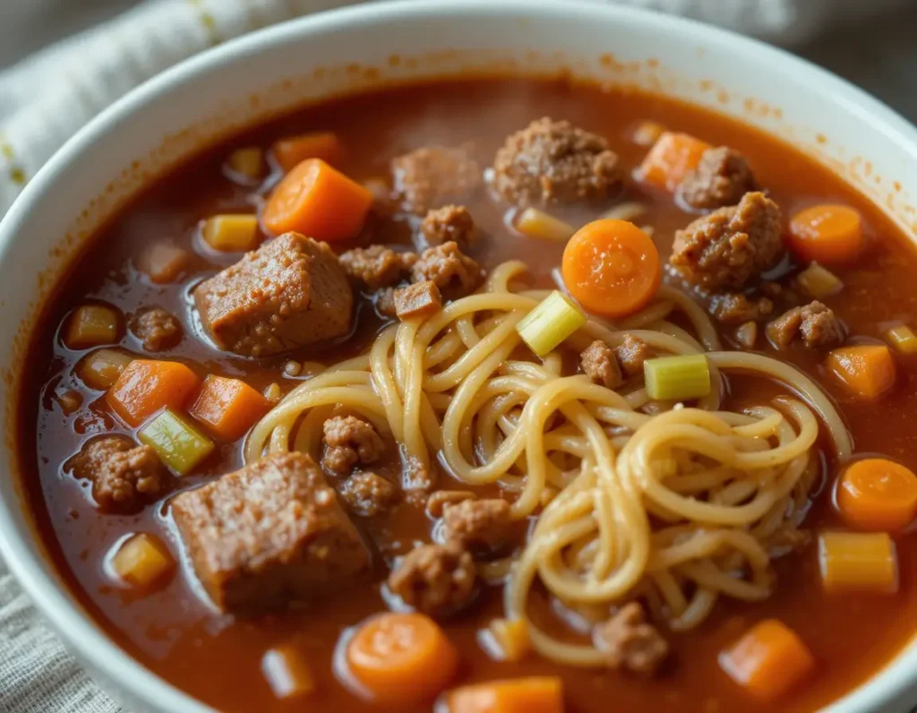 Spaghetti soup recipe with fresh pasta cooking in a pot.