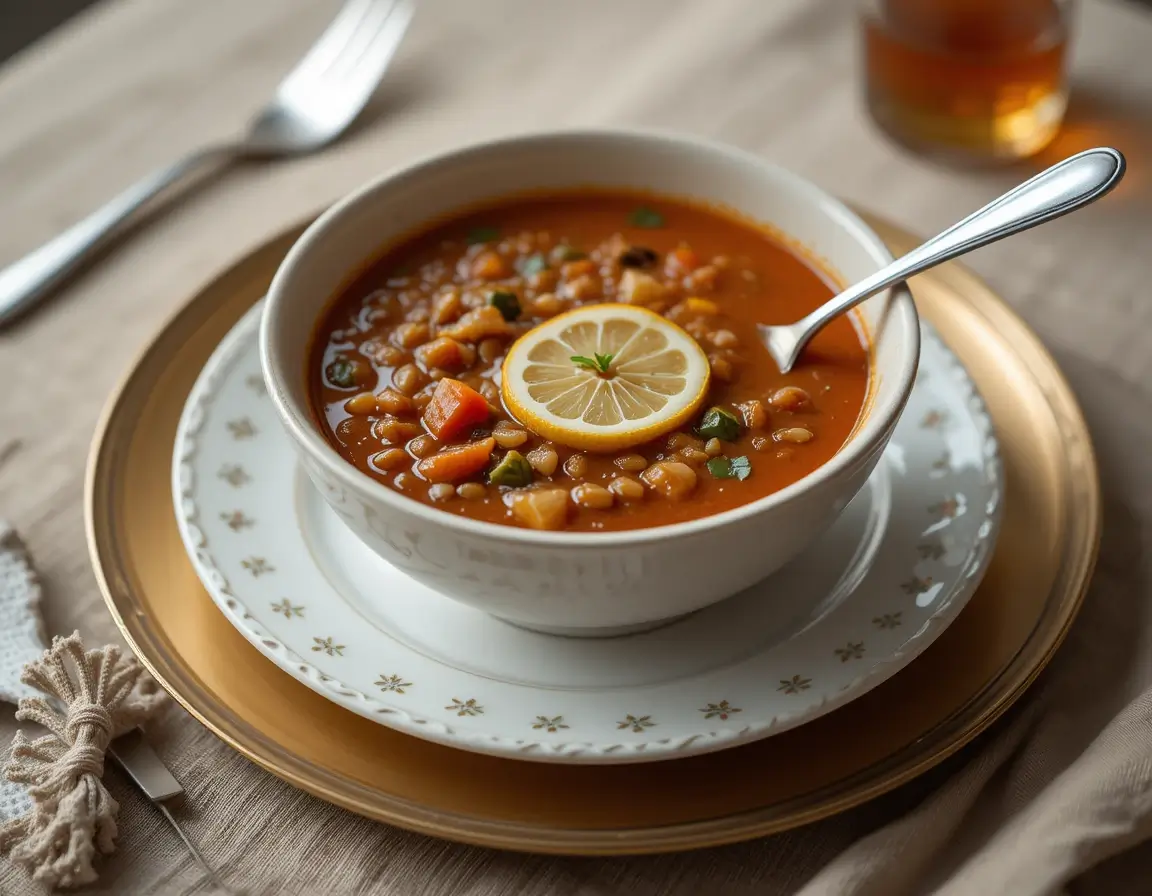 Mock turtle soup recipe served in a bowl with a spoon.