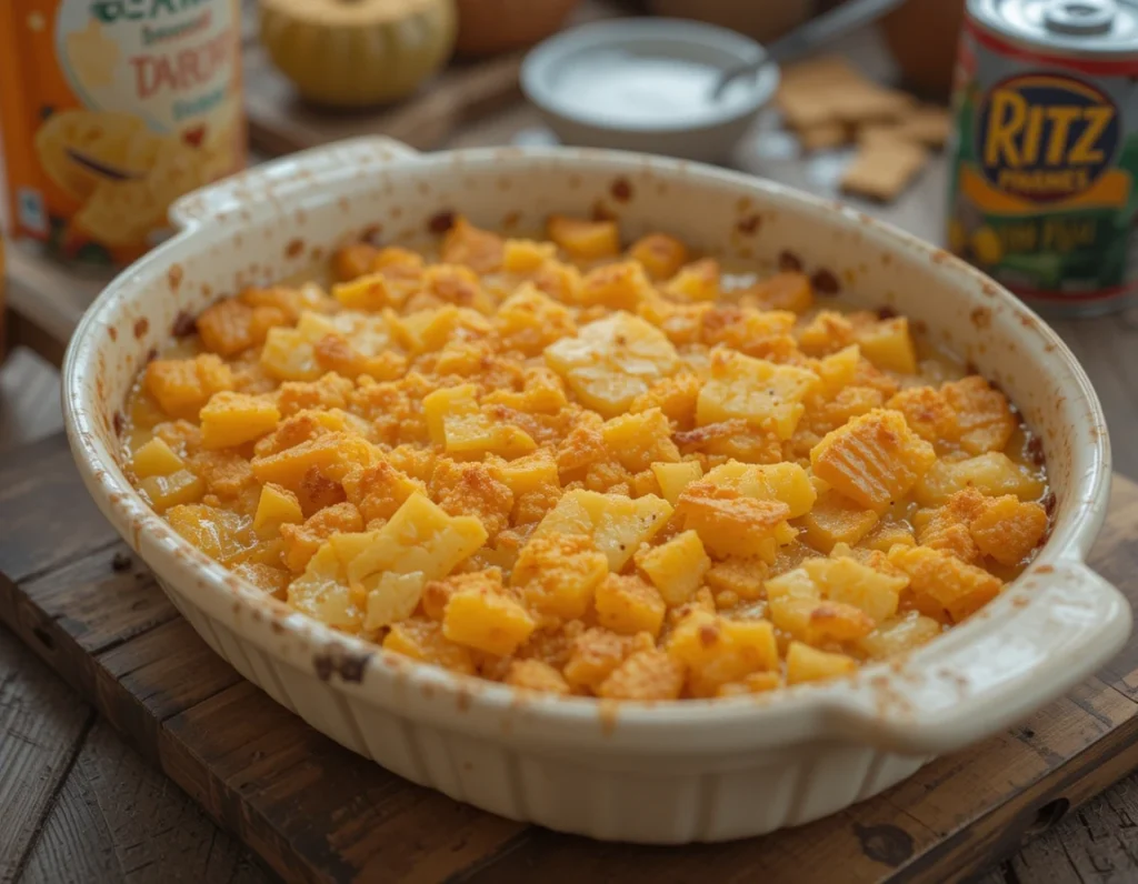 Close-up of the crispy Ritz cracker topping on pineapple casserole.