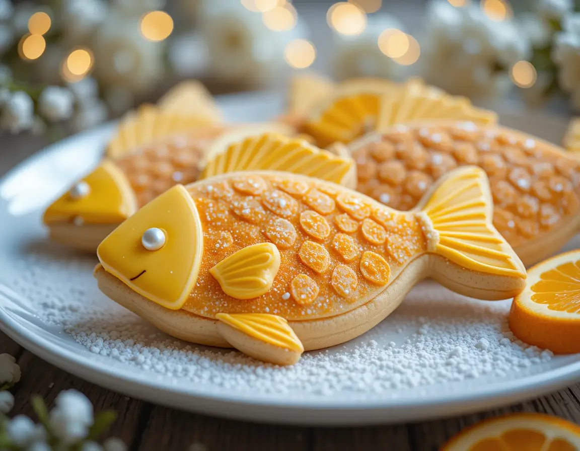 Orange fish cookies recipe – vibrant fish-shaped cookies decorated with royal icing.