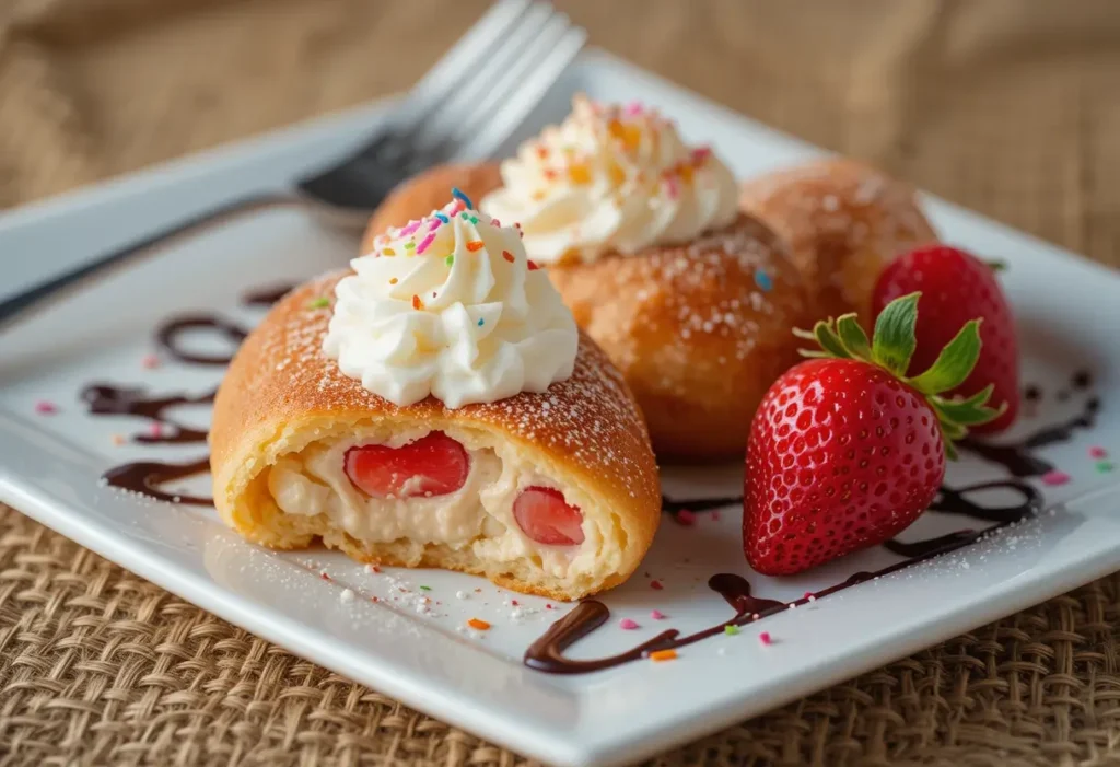 Xango dessert preparation with cream cheese filling in a crispy shell.