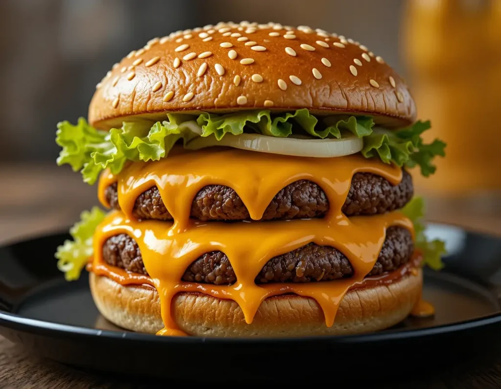 Wagyu burger cut in half showing juicy interior