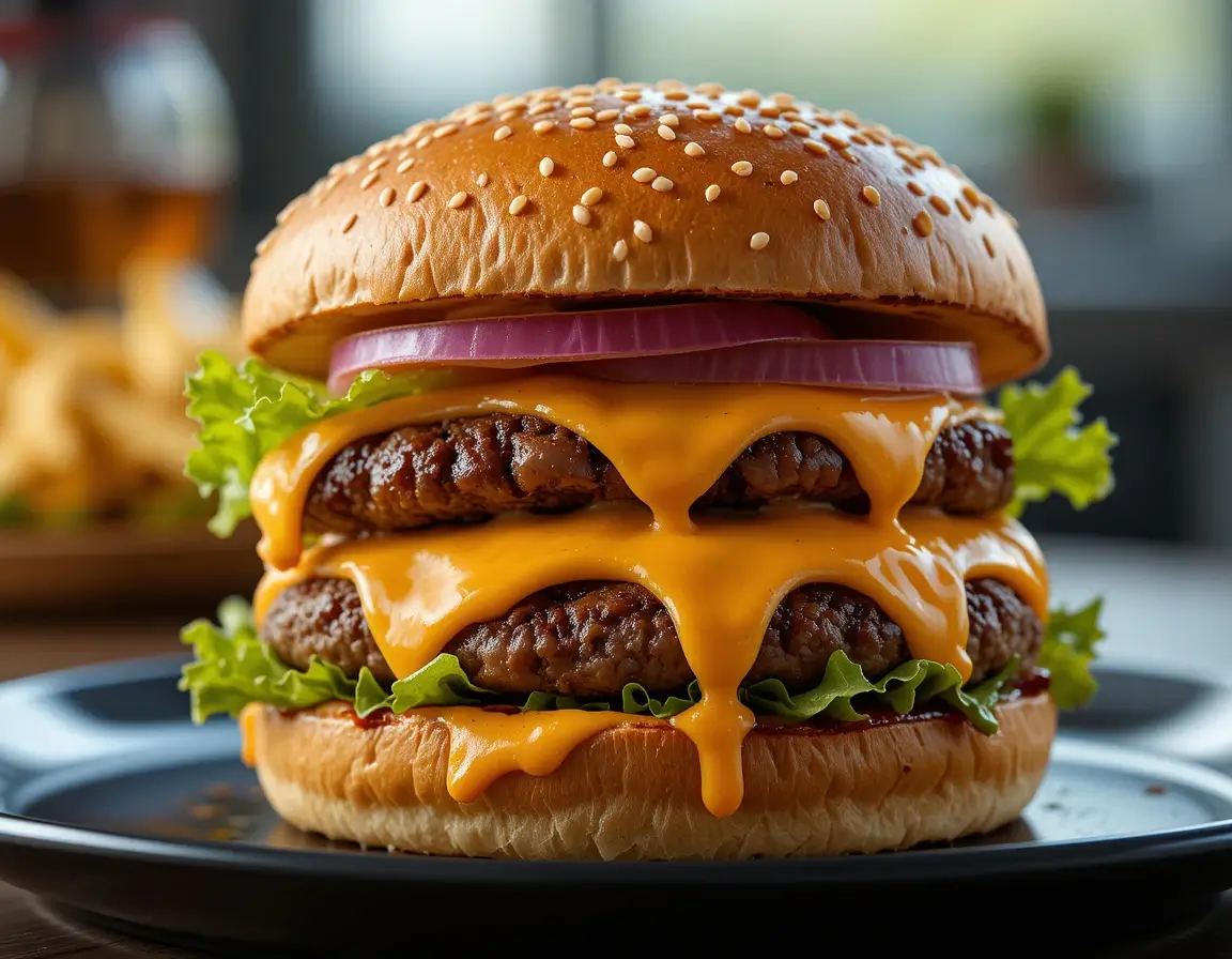 Wagyu burger sizzling on the grill