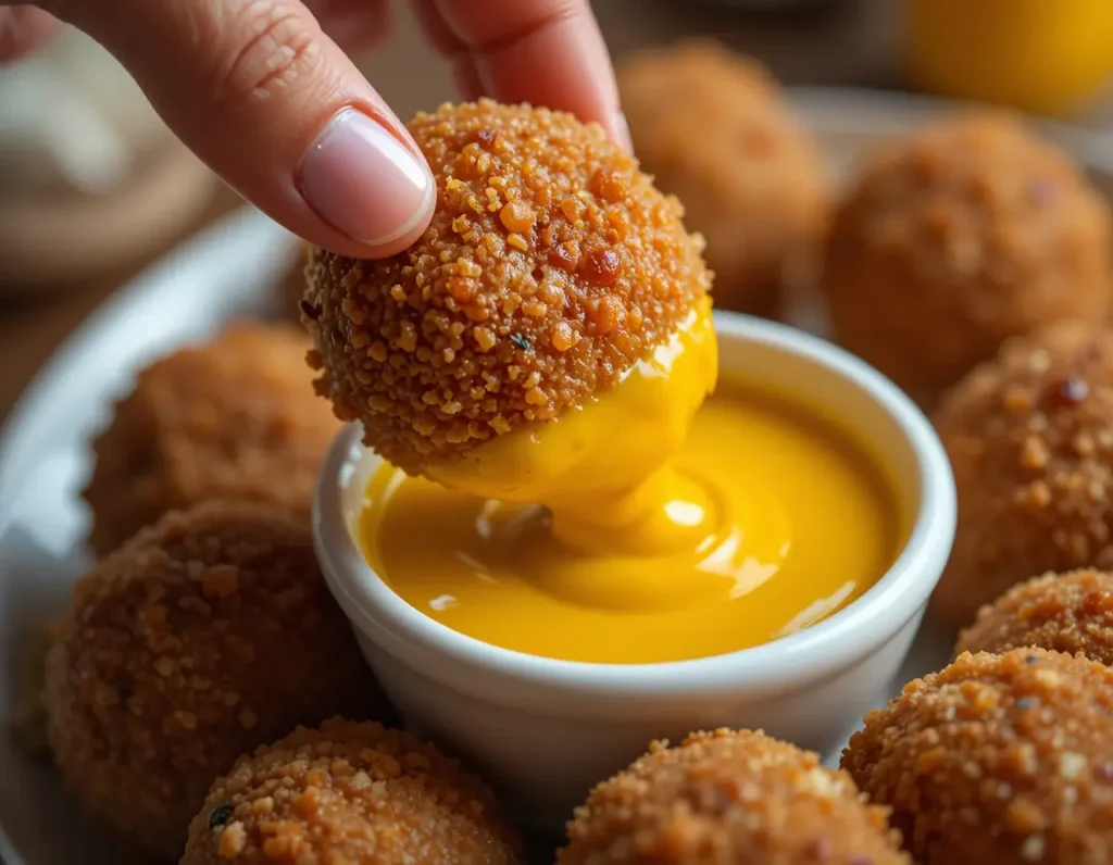 AH Airfryer Bitterballs served on a snack platter with mustard and aioli dips.