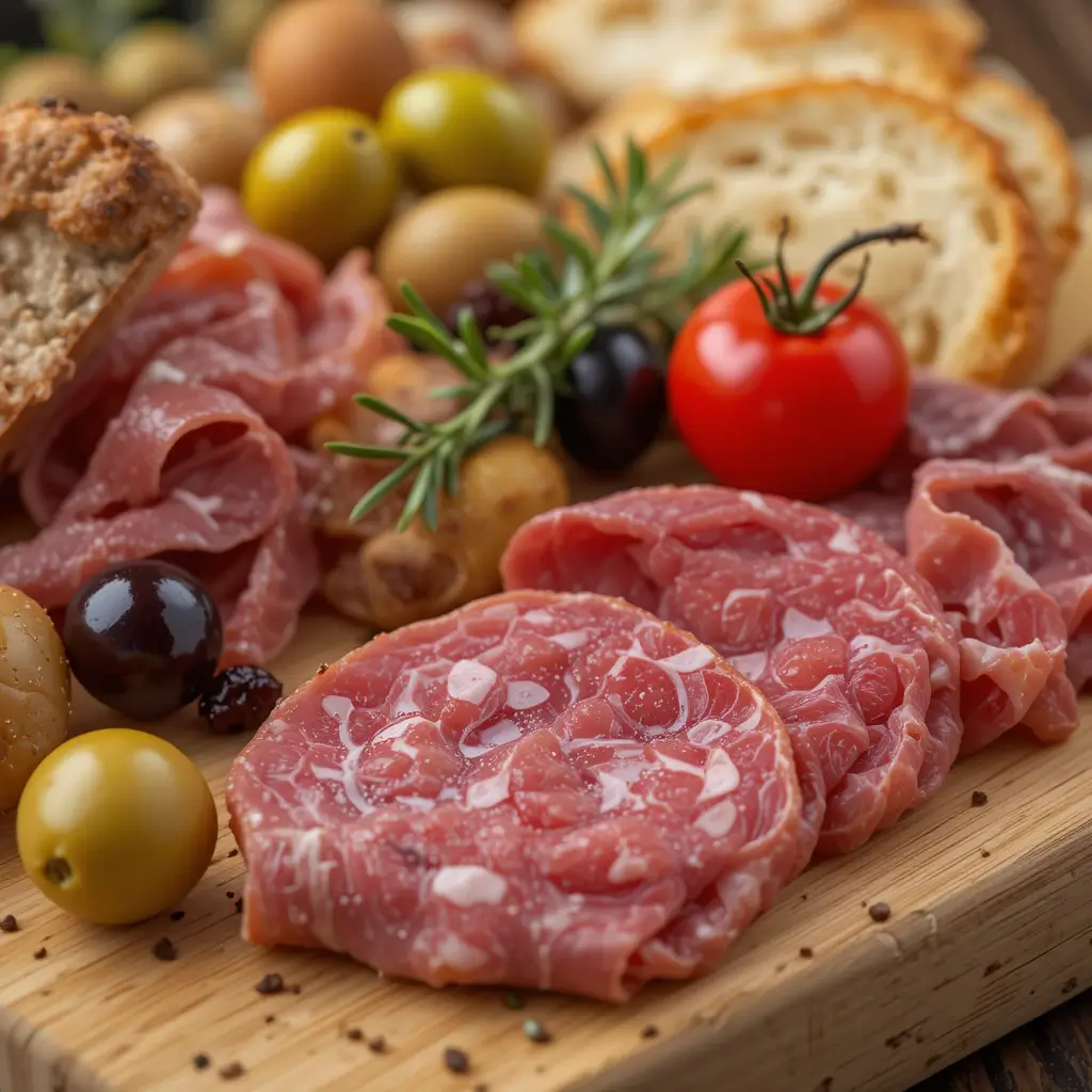 Italian deli meats close-up showing a mix of thinly sliced cured meats.