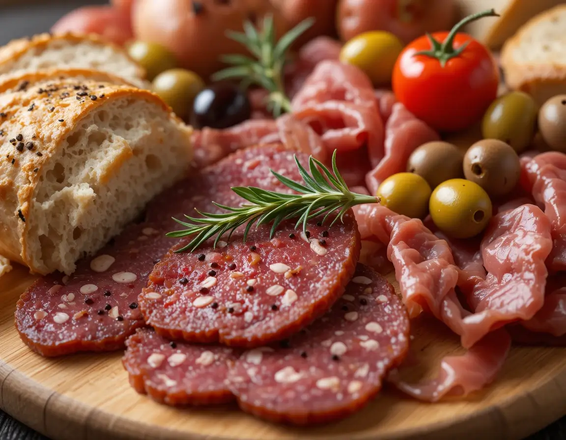 Italian deli meats assortment with prosciutto, salami, and mortadella slices.