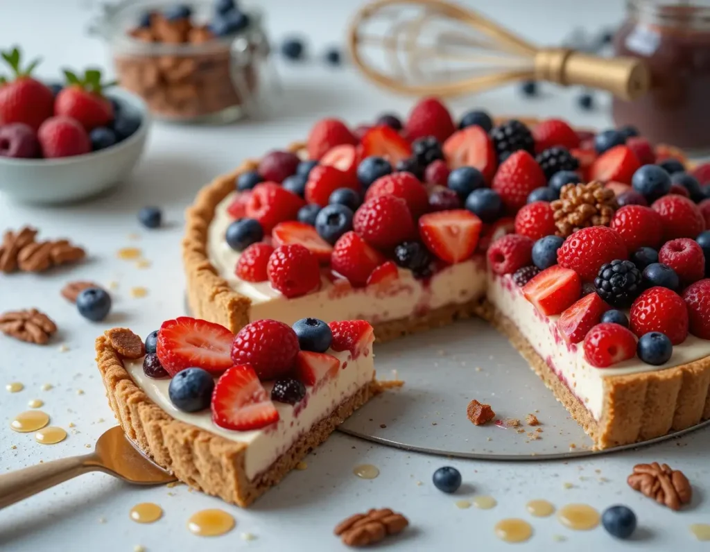 Sweet honey dessert – Tart with honey and fresh berries.