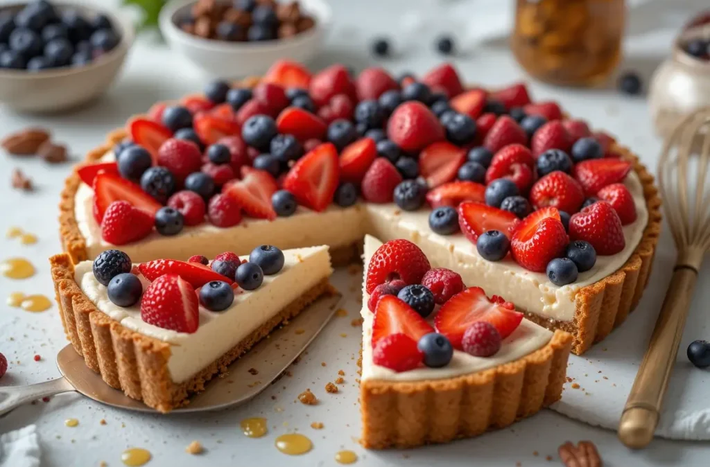 Sweet honey dessert – Tart with honey and mixed berries.