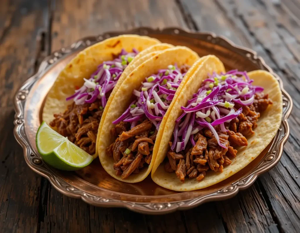 Beef Tacos with fresh toppings like cilantro, onions, and lime.