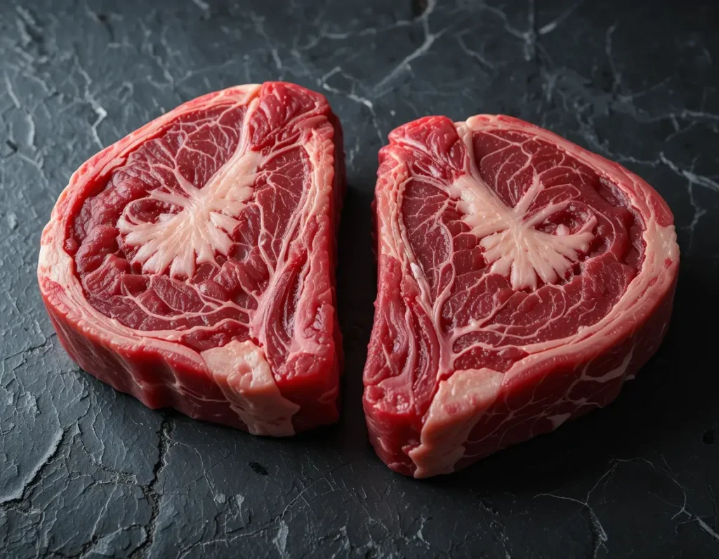 Cheek meat displayed on a cutting board with herbs and spices.