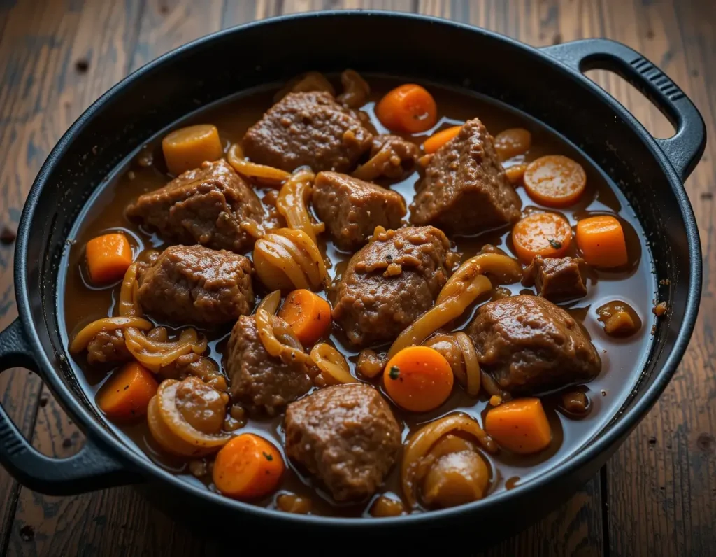 beef bourguignon served in a black cast iron pot, caramelized onions, sliced mushrooms, and diced carrots immersed in a rich, dark brown sauce.