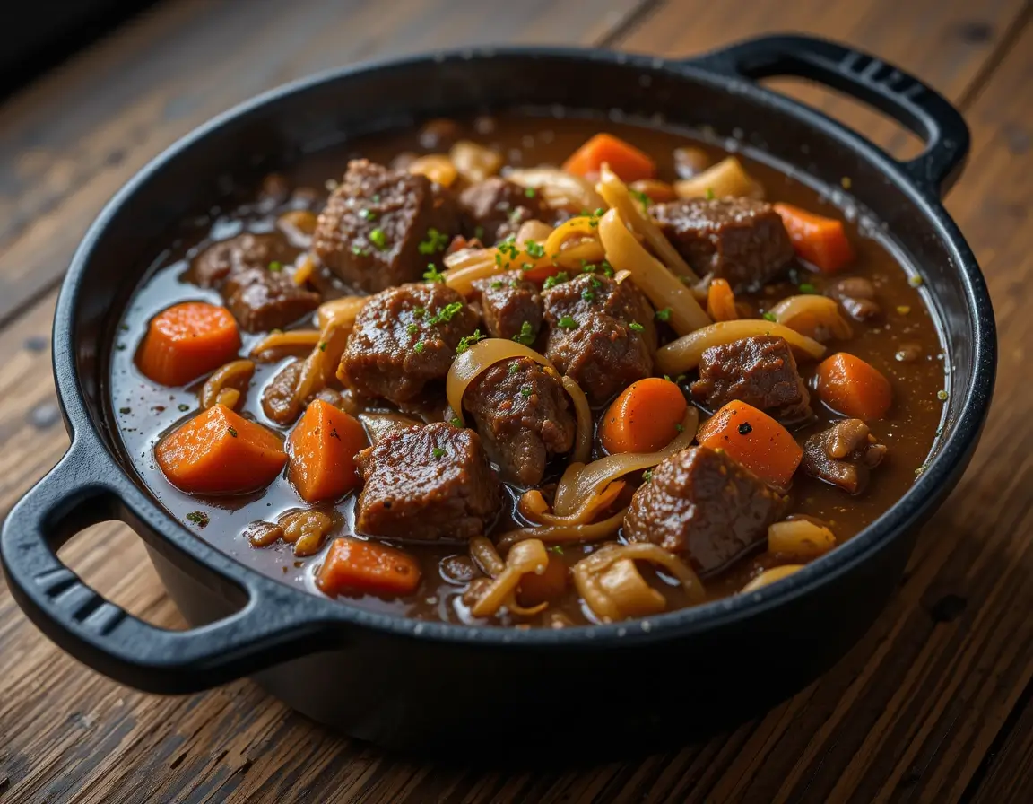 Beef cheek meat stew with tender pieces of beef and vegetables in a pot.