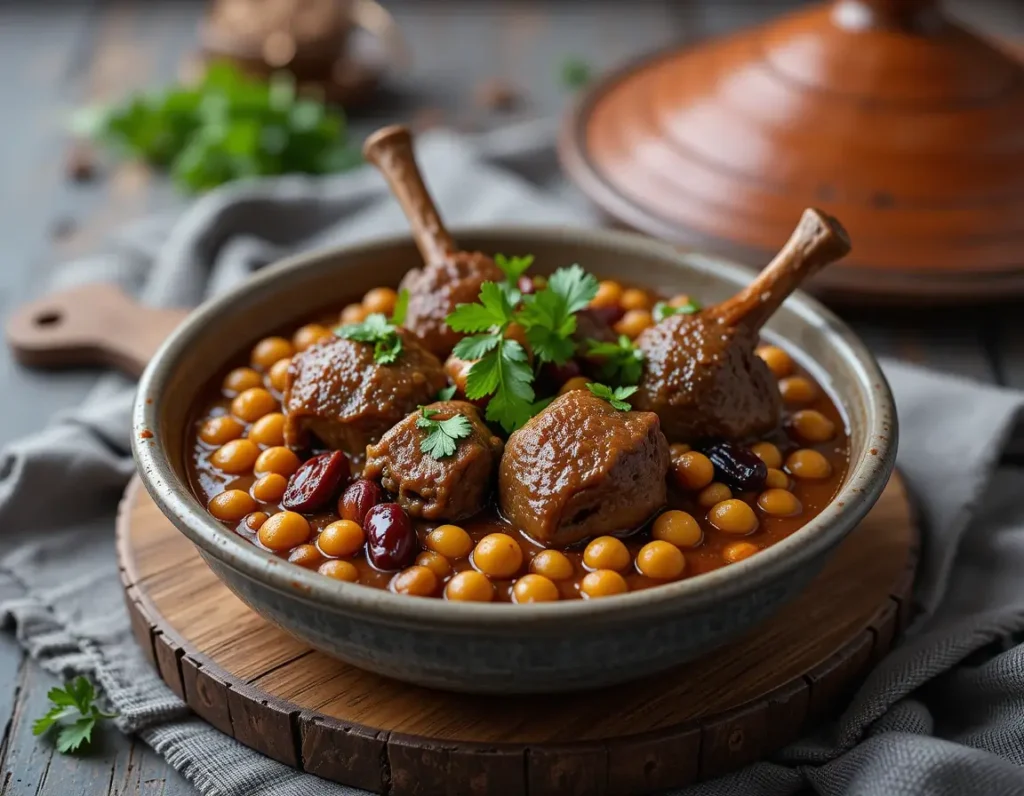 Beef cheek meat stew in a rustic bowl with vegetables and herbs.