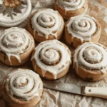 Delicious sourdough cinnamon rolls fresh out of the oven with golden brown swirls and gooey cinnamon filling.