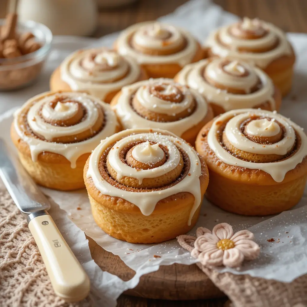 Freshly baked sourdough cinnamon rolls with gooey cinnamon filling, topped with a smooth icing glaze.