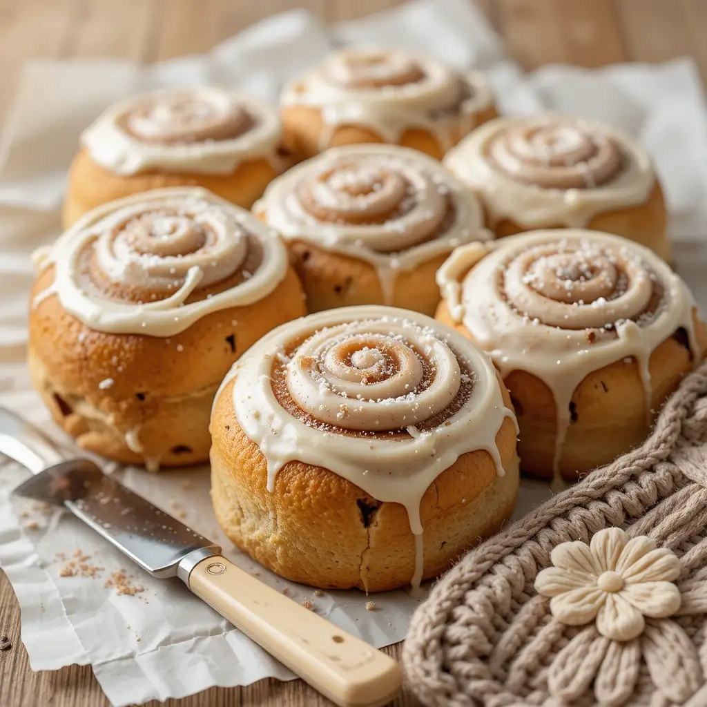 Sourdough cinnamon rolls drizzled with warm caramel sauce, served on a rustic wooden plate.