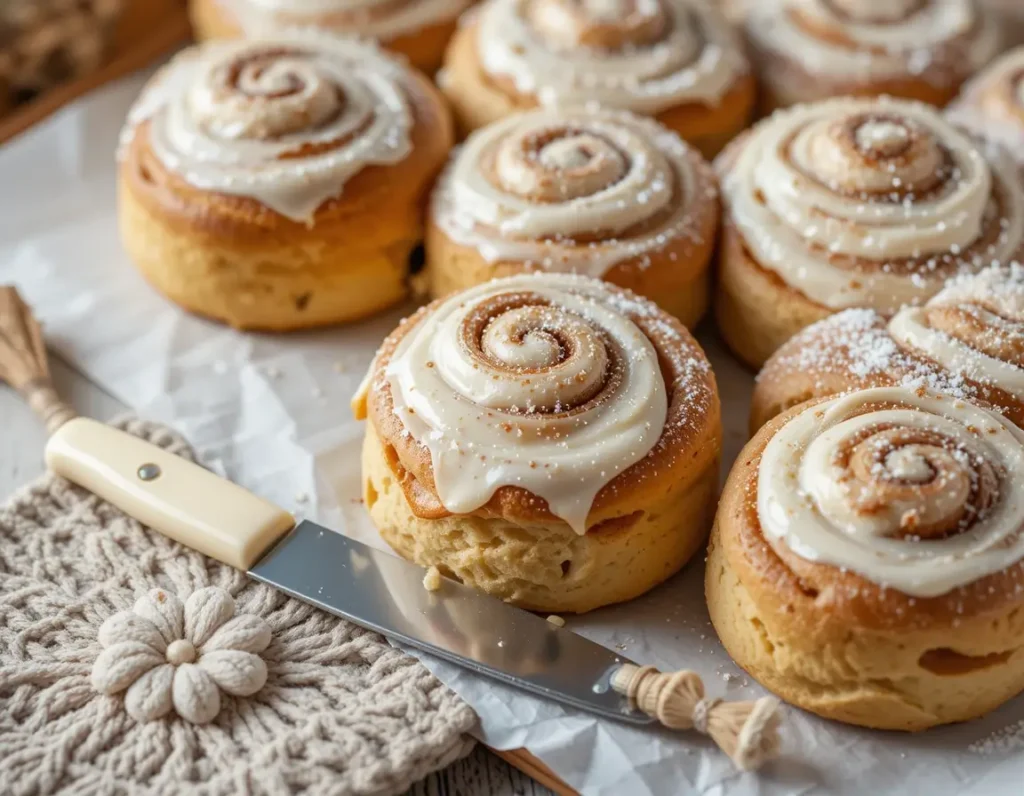 A platter of mini sourdough cinnamon rolls, golden brown with a light glaze and served in a neat arrangement.