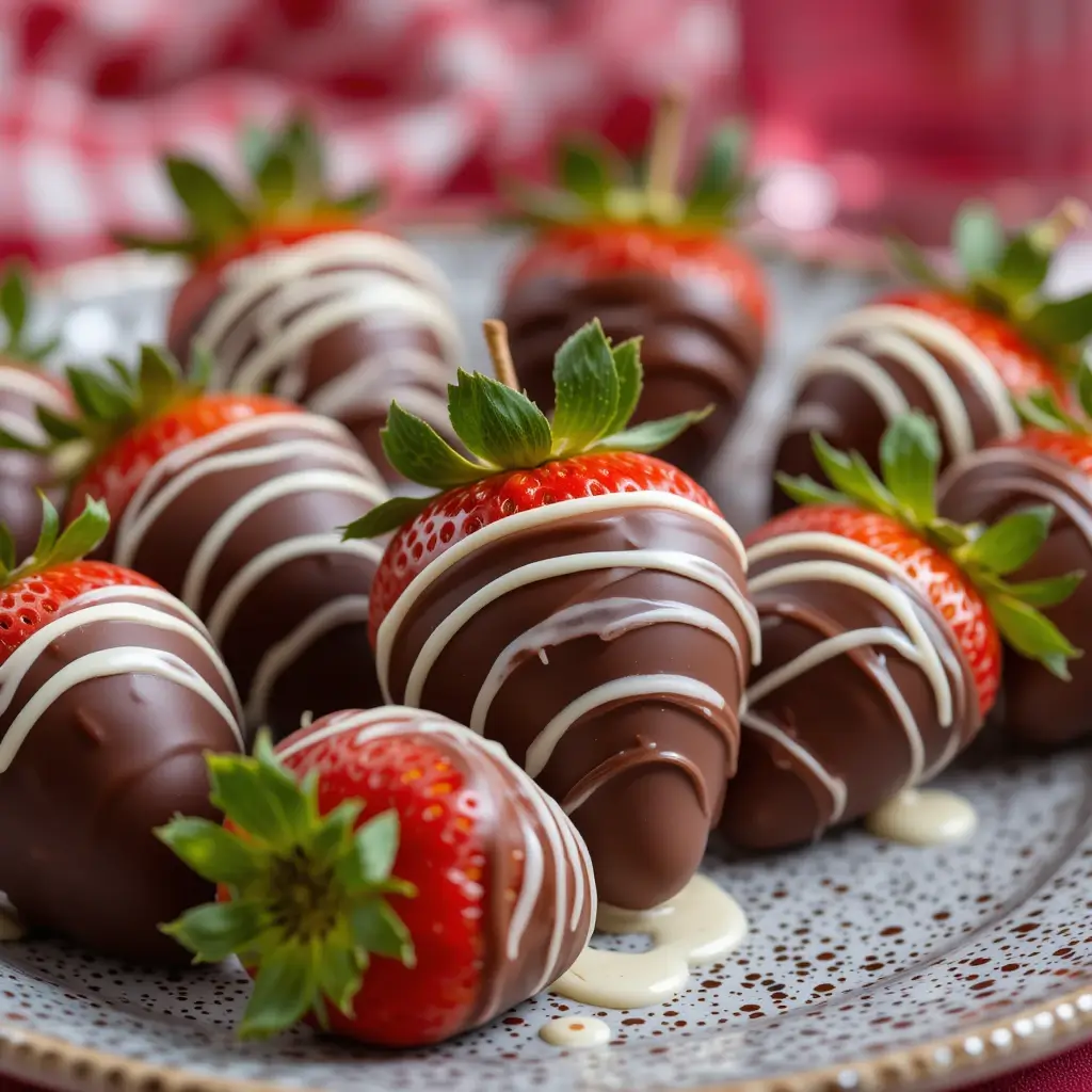 Chocolate dipped strawberries arranged on a plate with a drizzle of white chocolate.