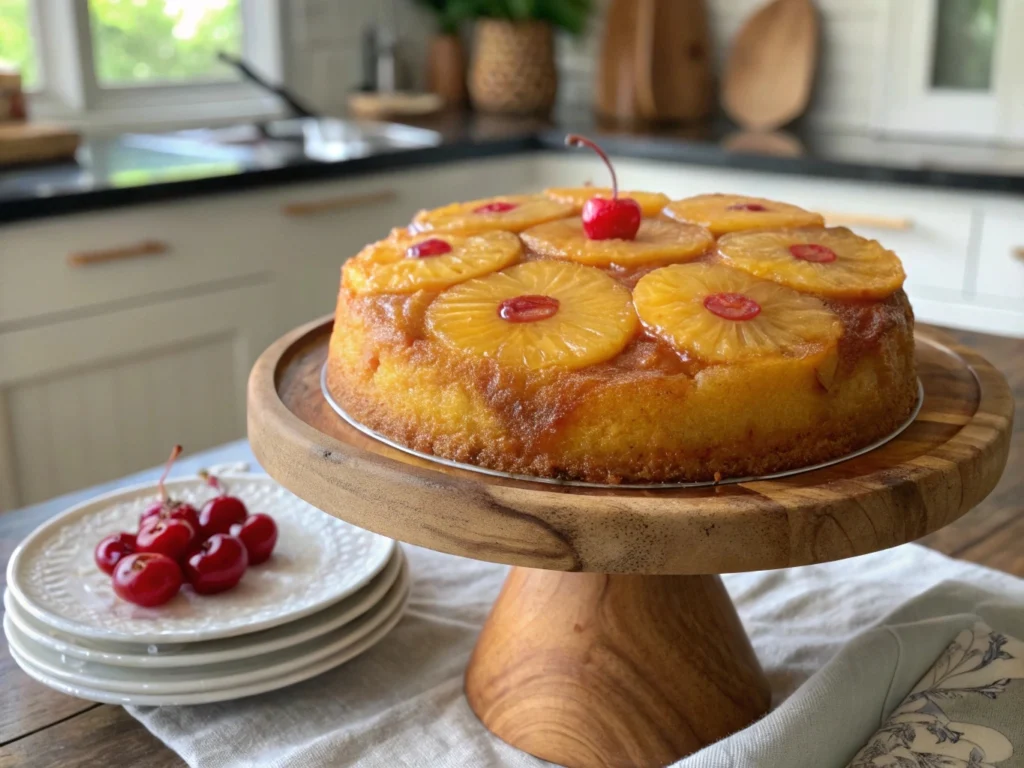 Moist Pineapple Upside Down Cake with Cake Mix topped with caramelized pineapple rings and maraschino cherries.