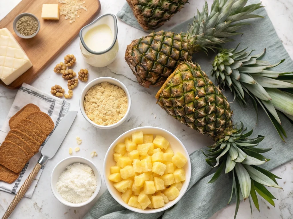 Ingredients for pineapple casserole including fresh pineapple, cheese, and Ritz crackers.