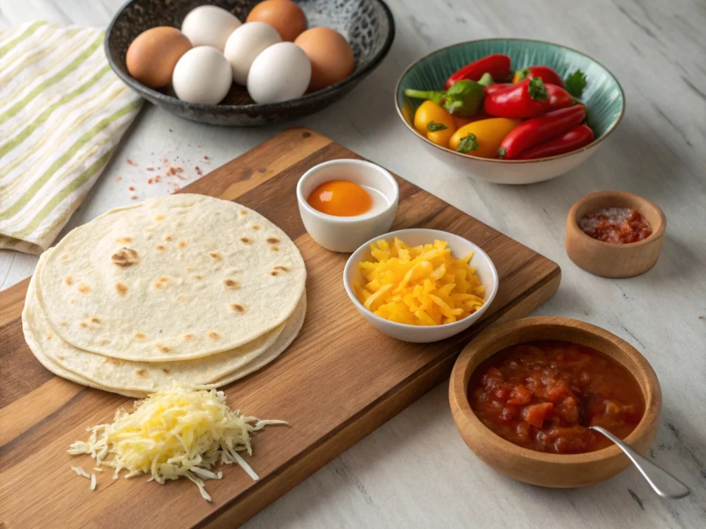 Essential ingredients for a fried egg quesadilla, including tortillas, eggs, cheese, and fresh toppings.

